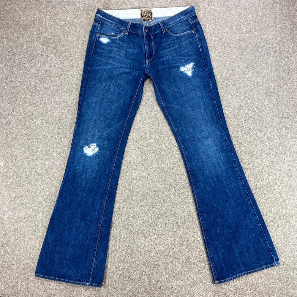 Rich & Skinny Flare Jeans Women 31 Blue Dark Wash Distressed Bootcut Indie Denim